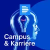 Glaskopf mit Glühbirne vor blauem Hintergrund, Deutschlandfunk-Logo und Schriftzug "Campus & Karriere"