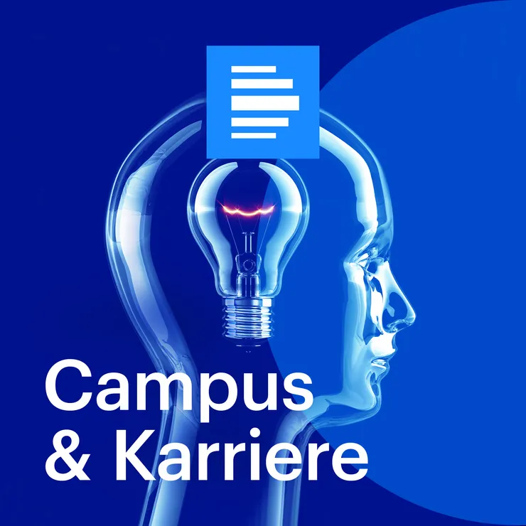 Gläserner Kopf mit Glühbirne vor blauem Hintergrund, Schriftzug „Campus und Karriere und Deutschlandfunk-Logo 